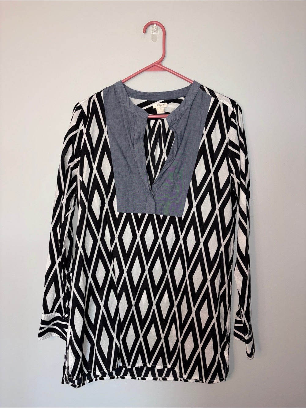 J. Crew Black & White Geometric Tunic with Gray Placket Small